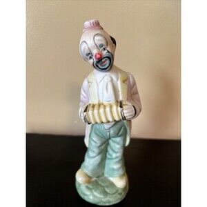 Vintage 8" Bisque Porcelain Sad Clown Figurine w/accordion Halloween, collector